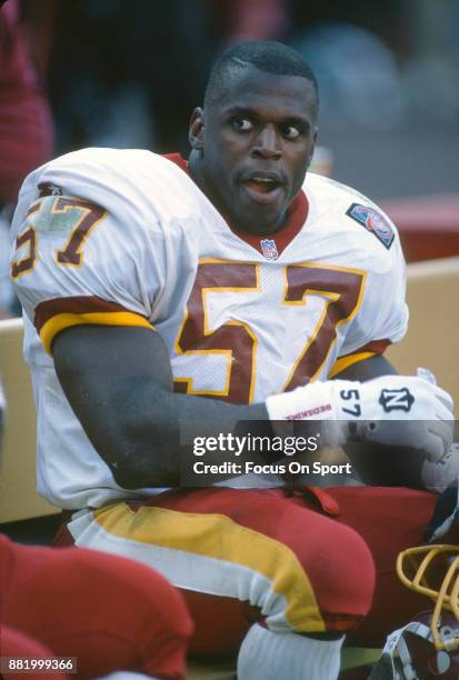 Ken Harvey of the Washington Redskins looks on from the bench during an NFL football game circa 1994 at RFK Memorial Stadium in Washington, D.C.....