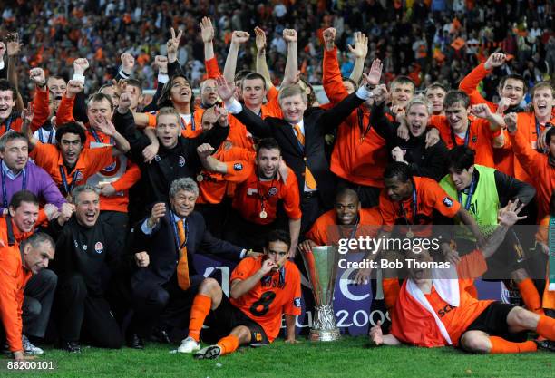 The Shakhtar Donetsk team celebrate with the trophy after victory in the UEFA Cup Final between Shakhtar Donetsk and Werder Bremen at the Sukru...