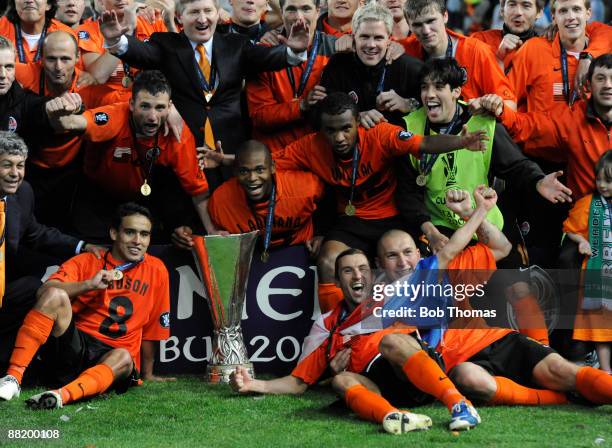 The Shakhtar Donetsk team celebrate with the trophy after victory in the UEFA Cup Final between Shakhtar Donetsk and Werder Bremen at the Sukru...