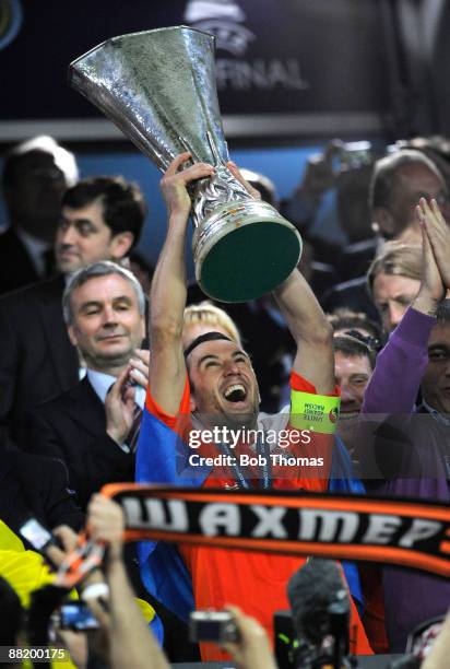 Shakhtar Donetsk captain Darijo Srna celebrates with the trophy after victory in the UEFA Cup Final between Shakhtar Donetsk and Werder Bremen at the...