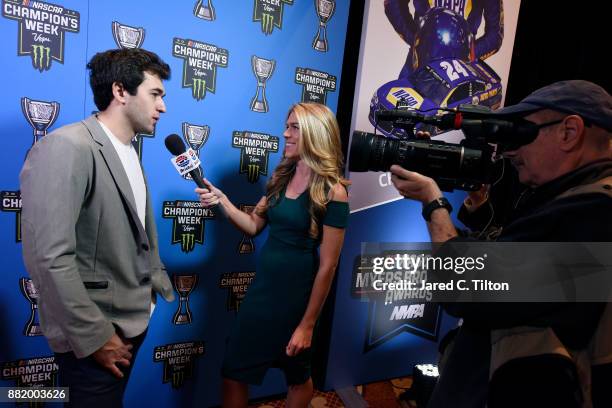 Chase Elliott speaks with the media following the NASCAR NMPA Myers Brothers Awards at the Encore Theater at Wynn Las Vegas on November 29, 2017 in...