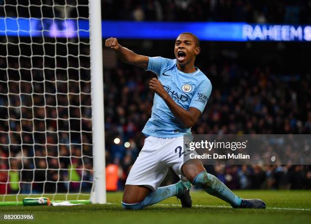 Fernandinho of Manchester City celebrates his sides second goal during the Premier League match between Manchester City and Southampton at Etihad...