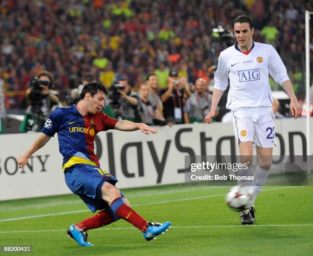 Lionel Messi of Barcelona watched by John O'Shea of Manchester United during the UEFA Champions League Final match between Barcelona and Manchester...