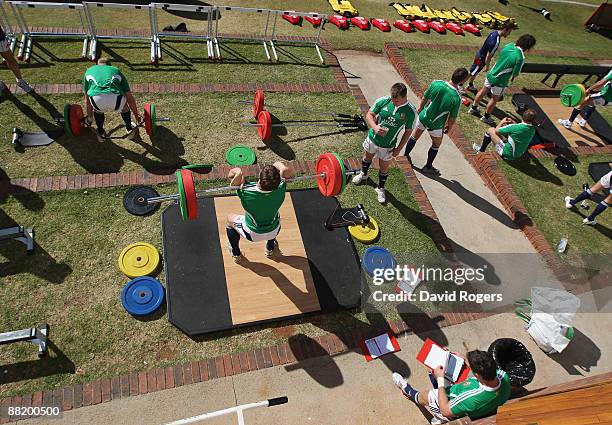 The Lions take part in weight training during the British and Irish Lions training session held at St. David's School on June 4, 2009 in...