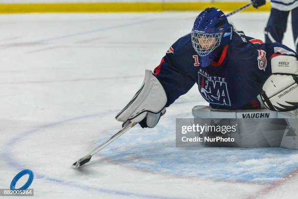 Players on the ice during The 2017 World Ringette Championships hockey game between Finland and USA national teams at Hershey Centre in Mississauga,...