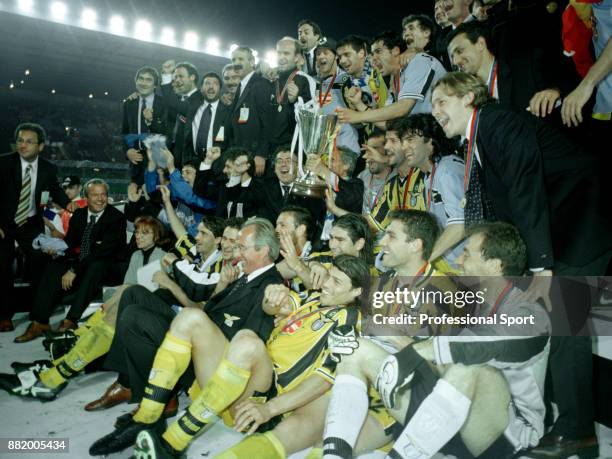 Lazio pose for a phot as they celebrate with the trophy after the European Cup Winners' Cup Final between Lazio and Real Mallorca at Villa Park on...