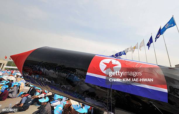 Mock North Korean missile is pictured during a rally denouncing North Korea's nuclear test and its recent missile launches, at the War Memorial of...