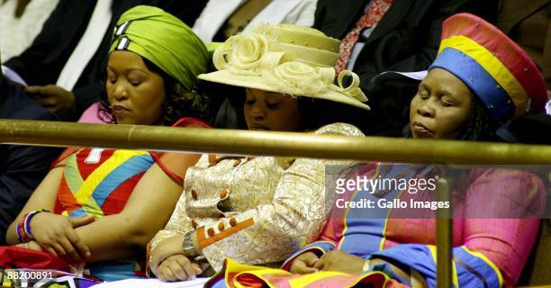 Thobeka Mabhija, Nompumelelo Ntuli and Sizakele Khumalo wives of President Jacob Zuma attend as he presents his State of the Nation Address at a...