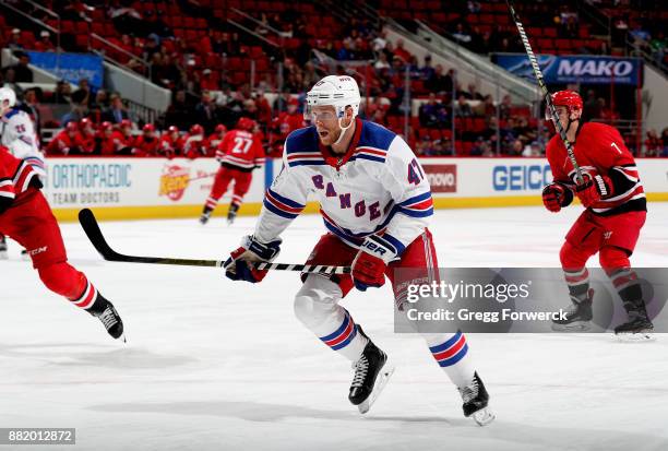 Steven Kampfer of the New York Rangers skates for position on the ice during an NHL game against the Carolina Hurricanes on November 22, 2017 at PNC...