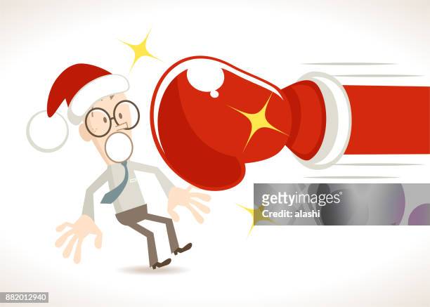 frohe weihnachten, weihnachtstag, neujahr, geschäftsmann mit weihnachtsmütze, jabs & gerade schläge (große boxhandschuh) - funny boxing stock-grafiken, -clipart, -cartoons und -symbole
