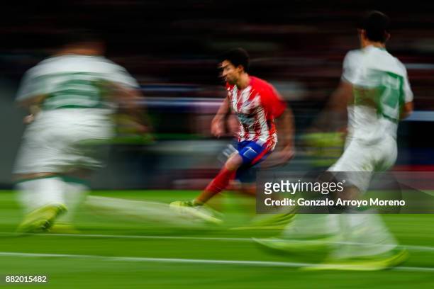 Nicolas Gaitan of Atletico de Madrid strikes the ball during the Copa del Rey second leg match between Club Atletico de Madrid and Elche CF at...