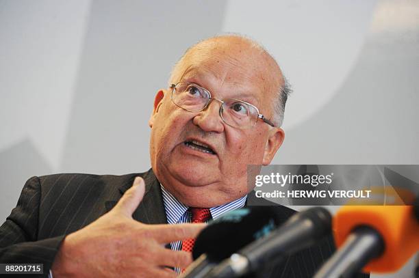 Jean-Luc Dehaene of the Christian Democratic and Flemish political party of Belgium and head of list for European elections speaks during a press...