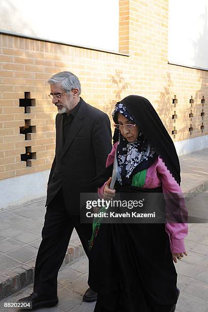 Zahra Rahnavard and her husband, the Iranian presidential candidate Mir Hussein Moussavi are pictured at the Saba cultural house on May 29, 2009 in...