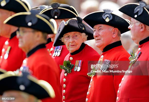 Female Chelsea Pensioner Dorothy Hughes aged 85 attends the annual Founders Day Parade at Royal Hospital Chelsea on June 4, 2009 in London, England.