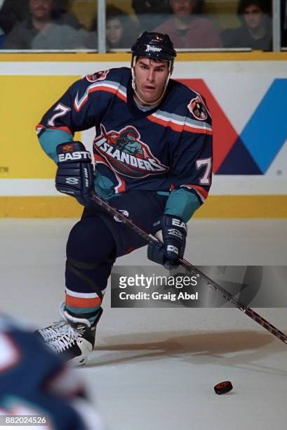 Scott Lachance of the New York Islanders skates against the Toronto Maple Leafs during NHL game action on October 10, 1995 at Maple Leaf Gardens in...