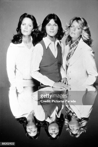 Promotional portrait of, from left, American actresses Jaclyn Smith, Kate Jackson, and Farrah Fawcett for the television program 'Charlie's Angels,'...