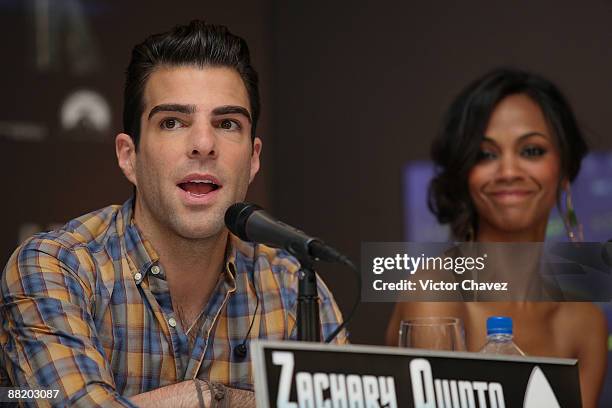 Actor Zachary Quinto and actress Zoe Saldana attend the "Star Trek" press conference at the Four Seasons Hotel June 3, 2009 in Mexico City, Mexico.