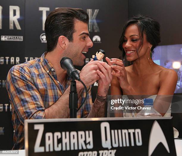 Actor Zachary Quinto and actress Zoe Saldana attend the "Star Trek" press conference at the Four Seasons Hotel June 3, 2009 in Mexico City, Mexico.