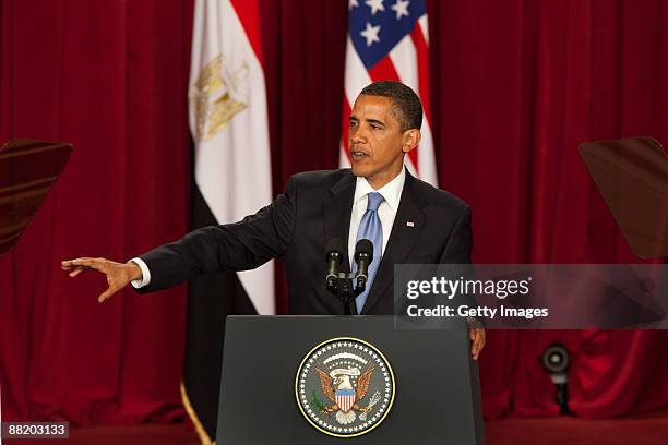 President Barack Obama makes his key Middle East speech at Cairo University June 4, 2009 in Cairo, Egypt. In his speech, President Obama called for a...