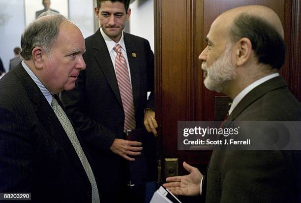 June 03: Federal Reserve Chairman Benjamin S. Bernanke, right, with Chairman John M. Spratt Jr., D-S.C., and ranking member Paul D. Ryan, R-Wis. ,...