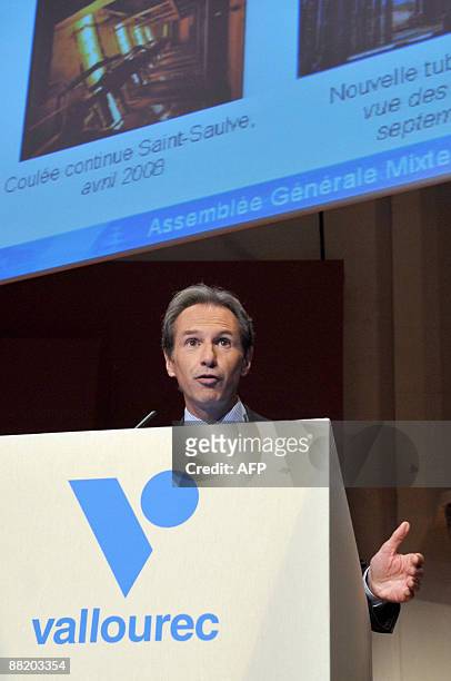 French steel tube specialist Vallourec's Chairman of the Management Board Philippe Crouzet delivers a speech on June 4, 2009 in Paris during a...