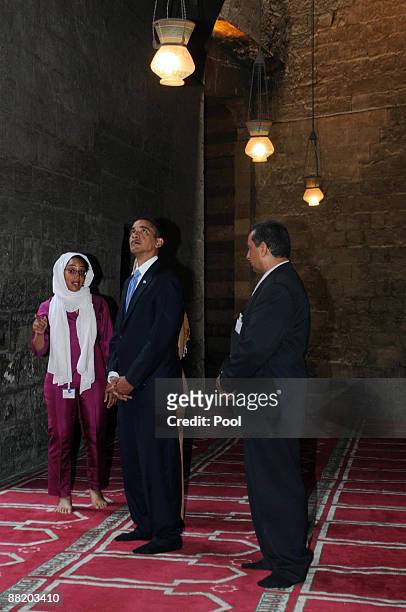 President Barack Obama visits the Sultan Hassan mosque before making his key Middle East policy speech on June 4, 2009 in Cairo, Egypt. Obama called...