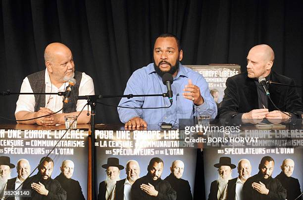 French controversial stand-up comic and top candidate for the "Anti-Zionist" list in the Ile-de-France region, Dieudonne M'Bala M'Bala flanked by...