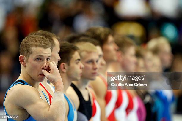 German gymnast Fabian Hambuechen celebrates during an award ceremony at the German individual championship during the German Gymnastics Festival at...