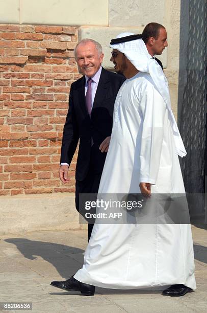 Emirati Sheikh Sultan Bin Tahnoun Al Nahyan is accompanied by French billionaire Francois Pinault at the opening of the Punta della Dogana at an...