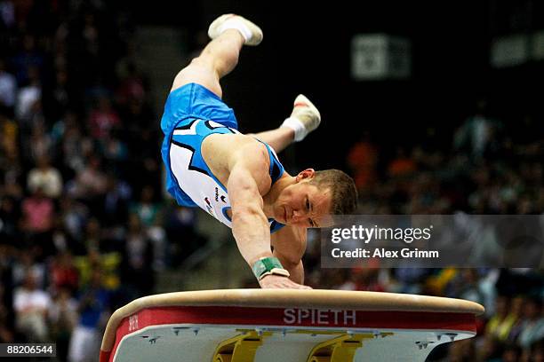 German gymnast Fabian Hambuechen performs to win the vault competition at the German individual championship during the German Gymnastics Festival at...