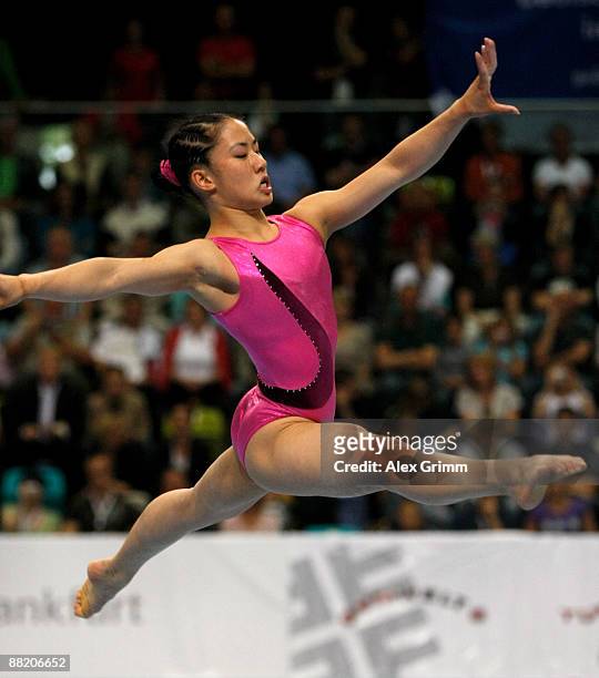 German gymnast Kim Bui performs on the floor at the German individual championship during the German Gymnastics Festival at the Ballsporthalle on...
