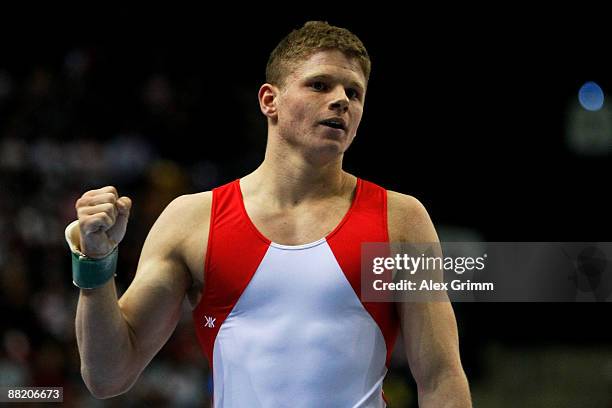 German gymnast Philip Sorrer reacts after his performance on the pommel horse at the German individual championship during the German Gymnastics...