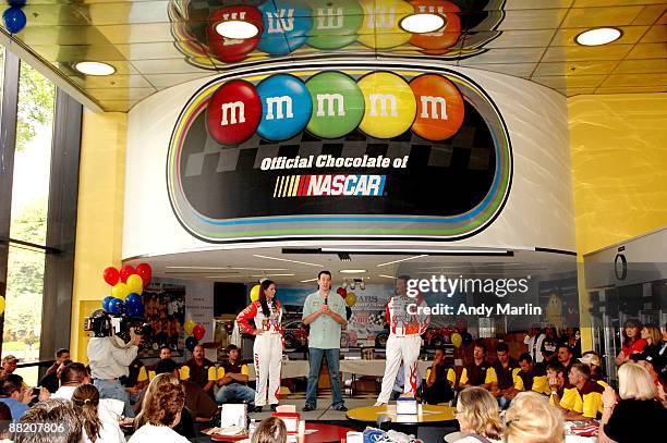 Driver Kyle Busch speaks to the employees of the Mars Candy Plant during Mars Employee Appreciation Day at Mars Headquarters on June 4, 2009 in...