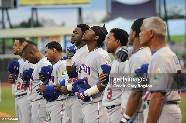Dominican Republic's team during their national anthem before the start of the Pool D Game 5, of the first round of the 2009 World Baseball Classic...