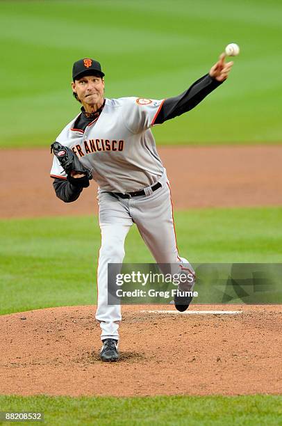 Randy Johnson of the San Francisco Giants pitches against the Washington Nationals at Nationals Park on June 4, 2009 in Washington, DC. Johnson is...