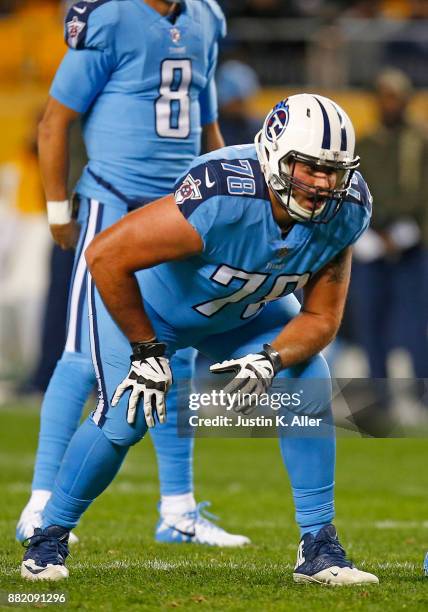 Jack Conklin of the Tennessee Titans in action against the Pittsburgh Steelers on November 16, 2017 at Heinz Field in Pittsburgh, Pennsylvania.