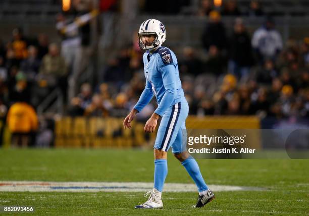 Ryan Succop of the Tennessee Titans in action against the Pittsburgh Steelers on November 16, 2017 at Heinz Field in Pittsburgh, Pennsylvania.