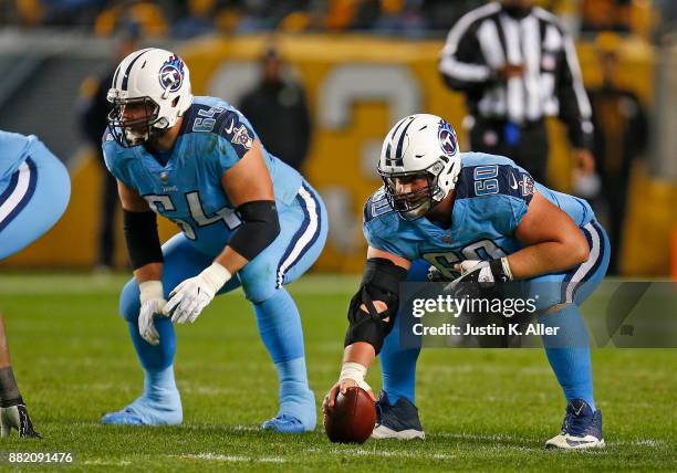 Josh Kline of the Tennessee Titans and Ben Jones of the Tennessee Titans in action against the Pittsburgh Steelers on November 16, 2017 at Heinz...