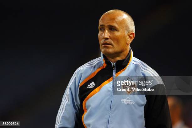 Head coach Dominic Kinnear of the Houston Dynamo plays the ball against the New York Red Bulls at Giants Stadium in the Meadowlands on May 16, 2009...