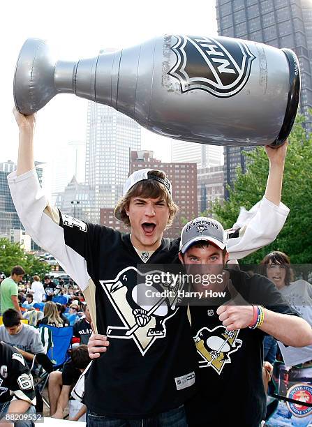 Pittsburgh fans Sam Miclot and Tim McDonough prepare for Game Four between the Detroit Red Wings and the Pittsburgh Penguins in the 2009 NHL Stanley...