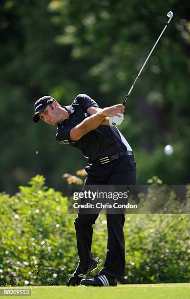 Dustin Johnson tees off on the 18th hole during the first round of the Memorial Tournament at Muirfield Village Golf Club on June 4, 2009 in Dublin,...