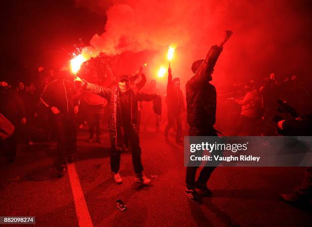 Toronto FC fans walk toward the stadium prior to kick off of the MLS Eastern Conference Finals, Leg 2 game between Columbus Crew SC and Toronto FC at...