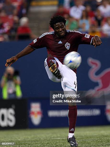 Ugo Ihemelu of the Colorado Rapids plays the ball against the New York Red Bulls at Giants Stadium in the Meadowlands on May 30, 2009 in East...