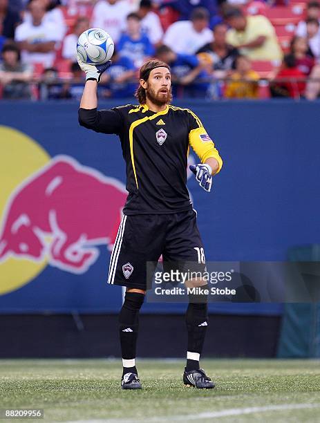 Matt Pickens of the Colorado Rapids plays the ball against the New York Red Bulls at Giants Stadium in the Meadowlands on May 30, 2009 in East...