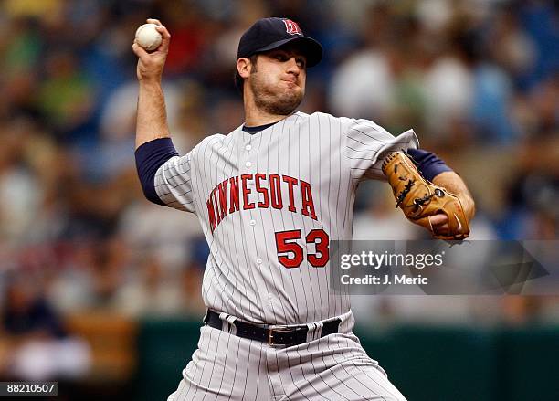 Pitcher Nick Blackburn of the Minnesota Twins pitches against the Tampa Bay Rays during the game at Tropicana Field on May 31, 2009 in St....