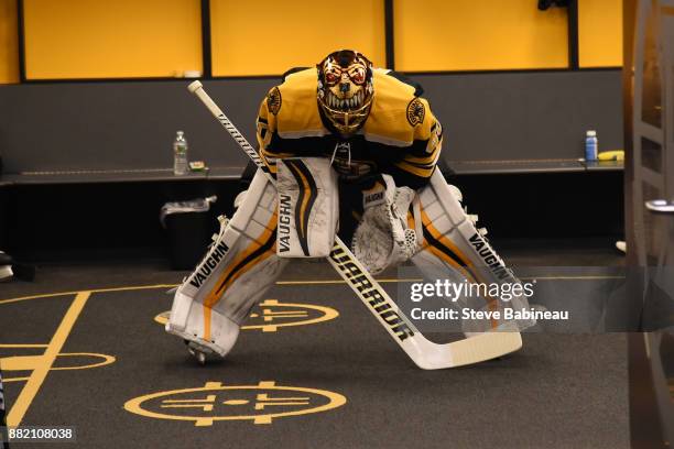 Tuukka Rask of the Boston Bruins waits in the locker room for warm ups before the game against the Tampa Bay Lightning at the TD Garden on November...