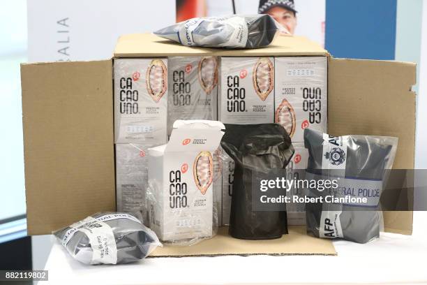 Cocaine seized by the Victorian Joint Organised Crime Taskforce is seen at the Australian Federal Police Melbourne office on November 30, 2017 in...