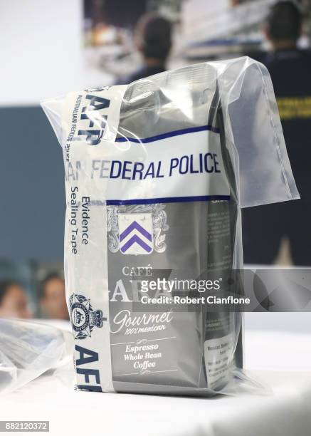 Cocaine seized by the Victorian Joint Organised Crime Taskforce is seen at the Australian Federal Police Melbourne office on November 30, 2017 in...