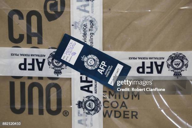 Cocaine seized by the Victorian Joint Organised Crime Taskforce is seen at the Australian Federal Police Melbourne office on November 30, 2017 in...