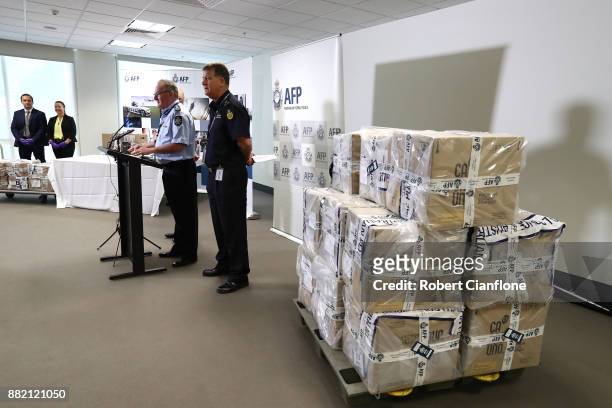 Representatives from the Victorian Joint Organised Crime Taskforce address the media at the Australian Federal Police Melbourne office on November...